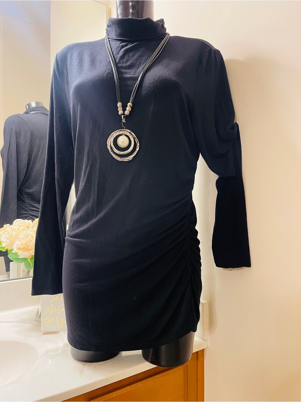 BOSTON PROPER Women’s Tunic Top XL Black Pullover Shirt cotton stretch